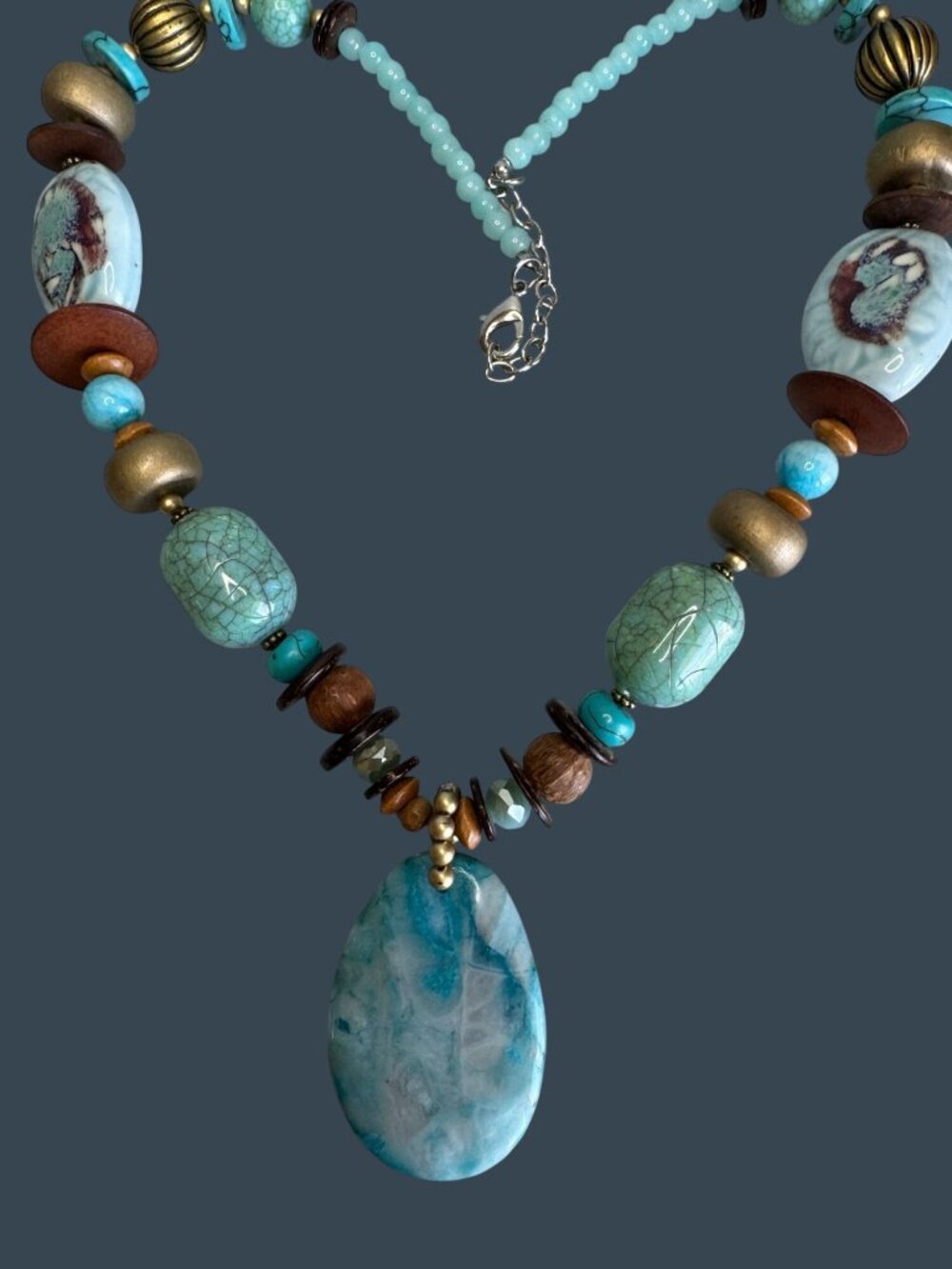 Boho Turquoise Chunky Necklace Stone Pendant Ceramic Bead Adjustable 26in - Picture 10 of 10